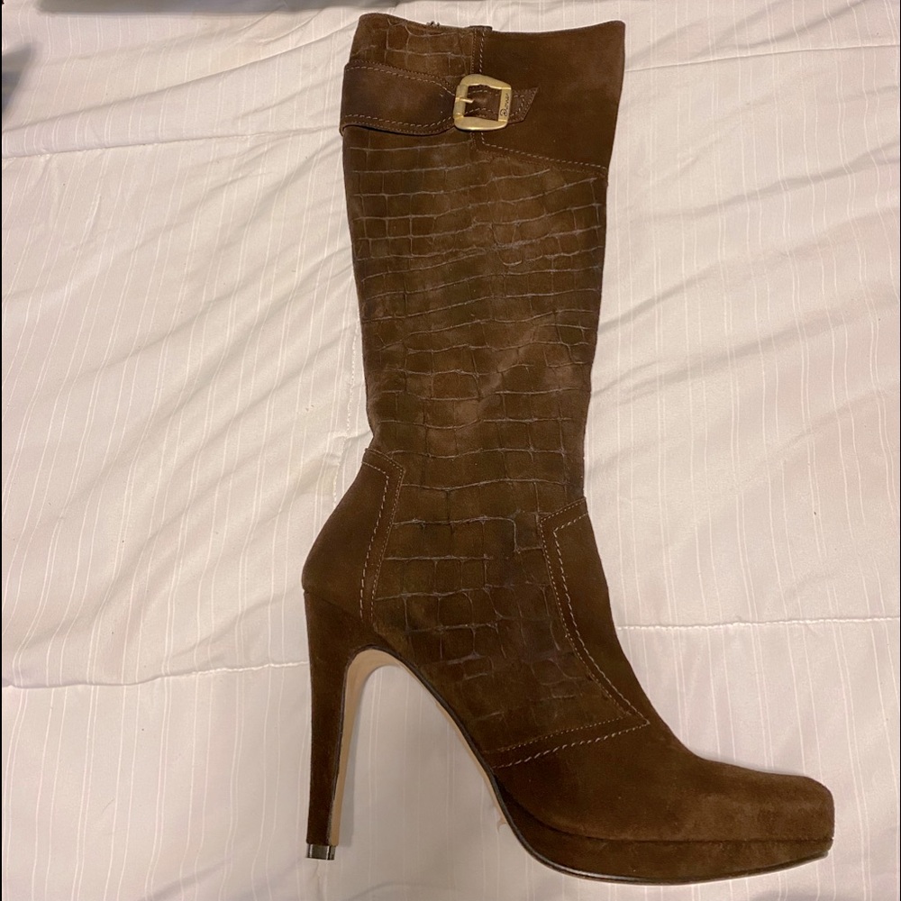 Dione Suede Heeled Boots . Gorgeous on thin calf’s. Worn once and then boxed